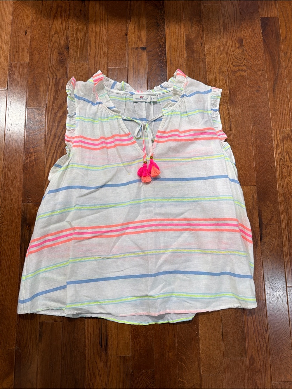 Vineyard Vines White Striped Tassel Tie Sleeveless Top